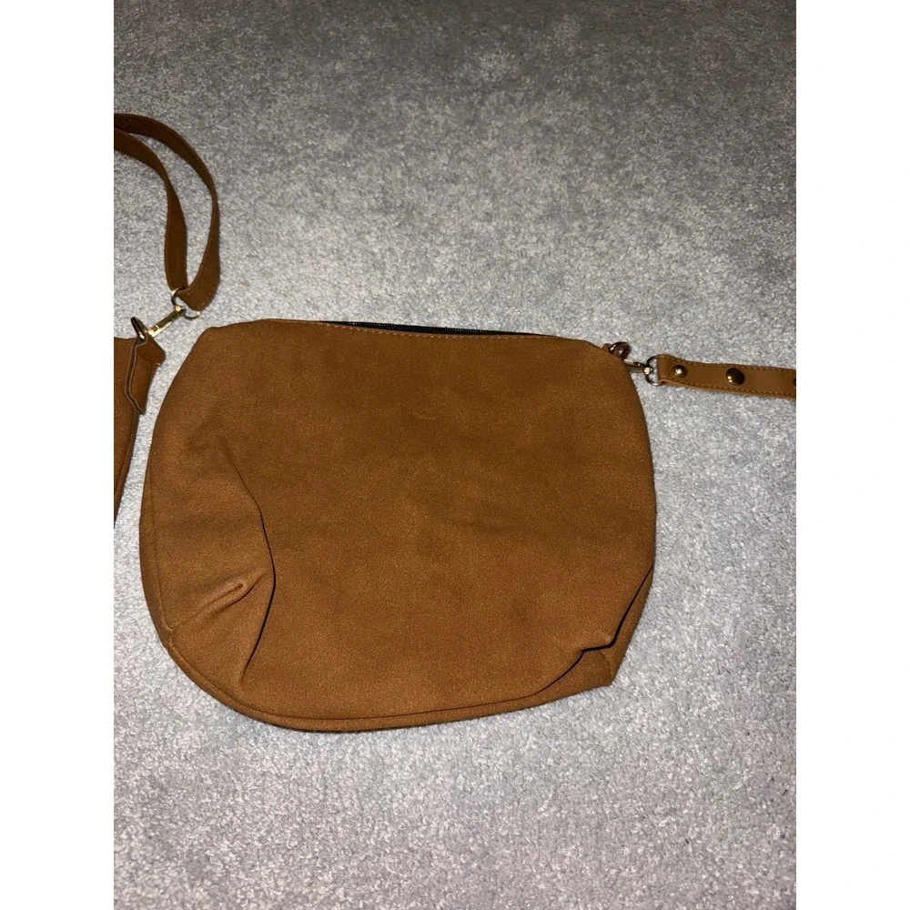 Large Tan Faux Suede Slouchy Tote Bag with Matching Pouch Crossbody‎ Strap